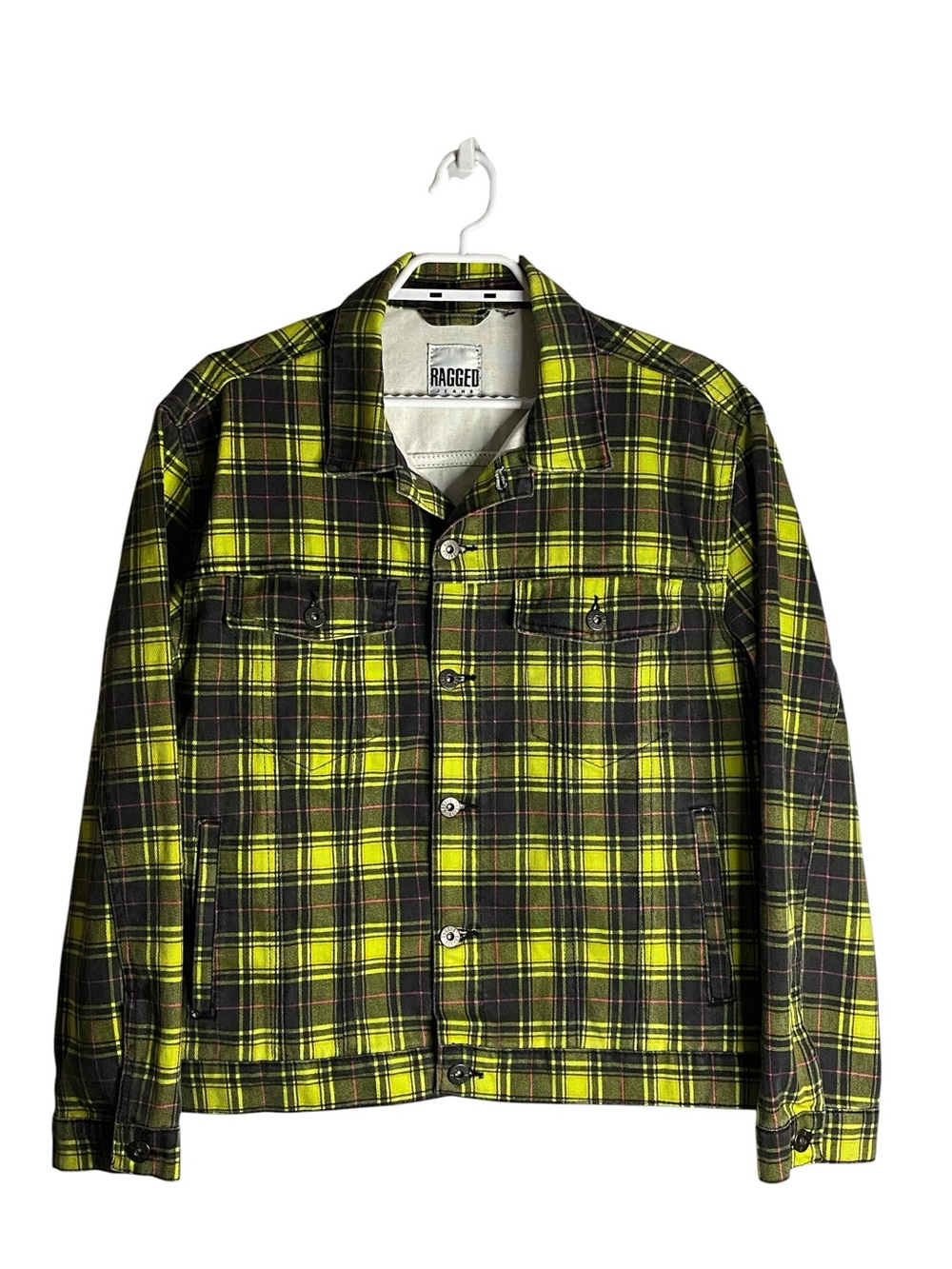 The Ragged Priest Neon Yellow Grunge Streetwear Plaid Button-Up Denim Jacket